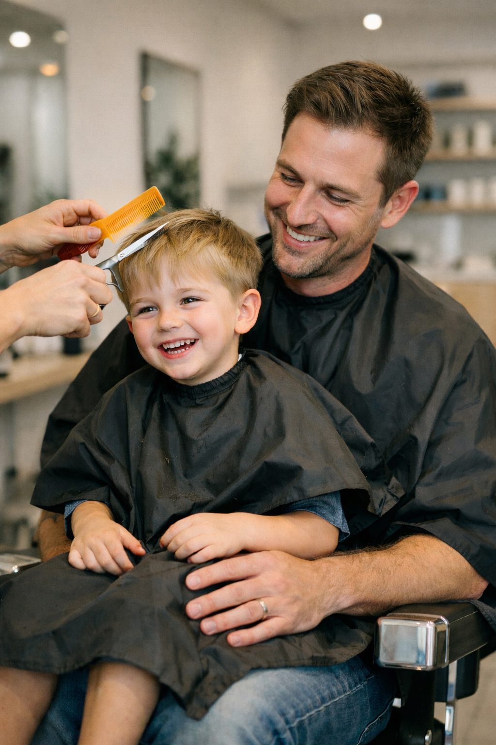 A dad with his young son at the barber