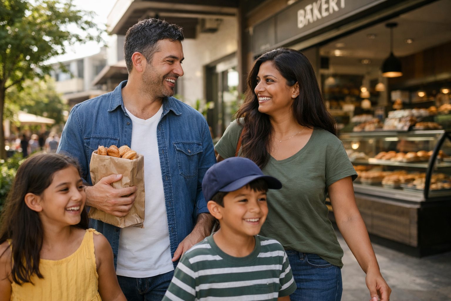 A family with a bag of fresh bread outside a local bakery