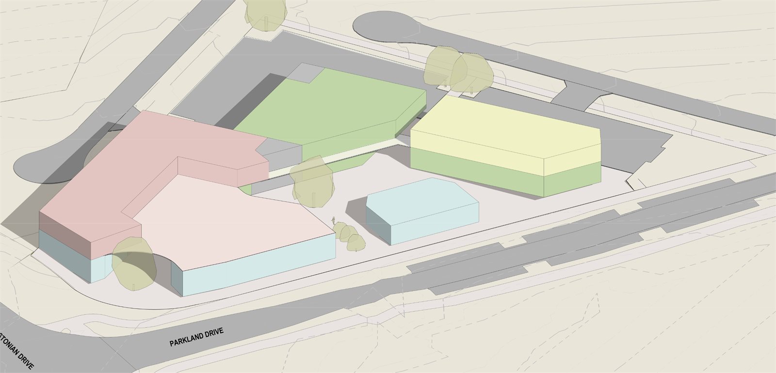 LiveWell Flagstone concept axonometric, looking north-west across the corner of Flagstonian and Parkland Drive
